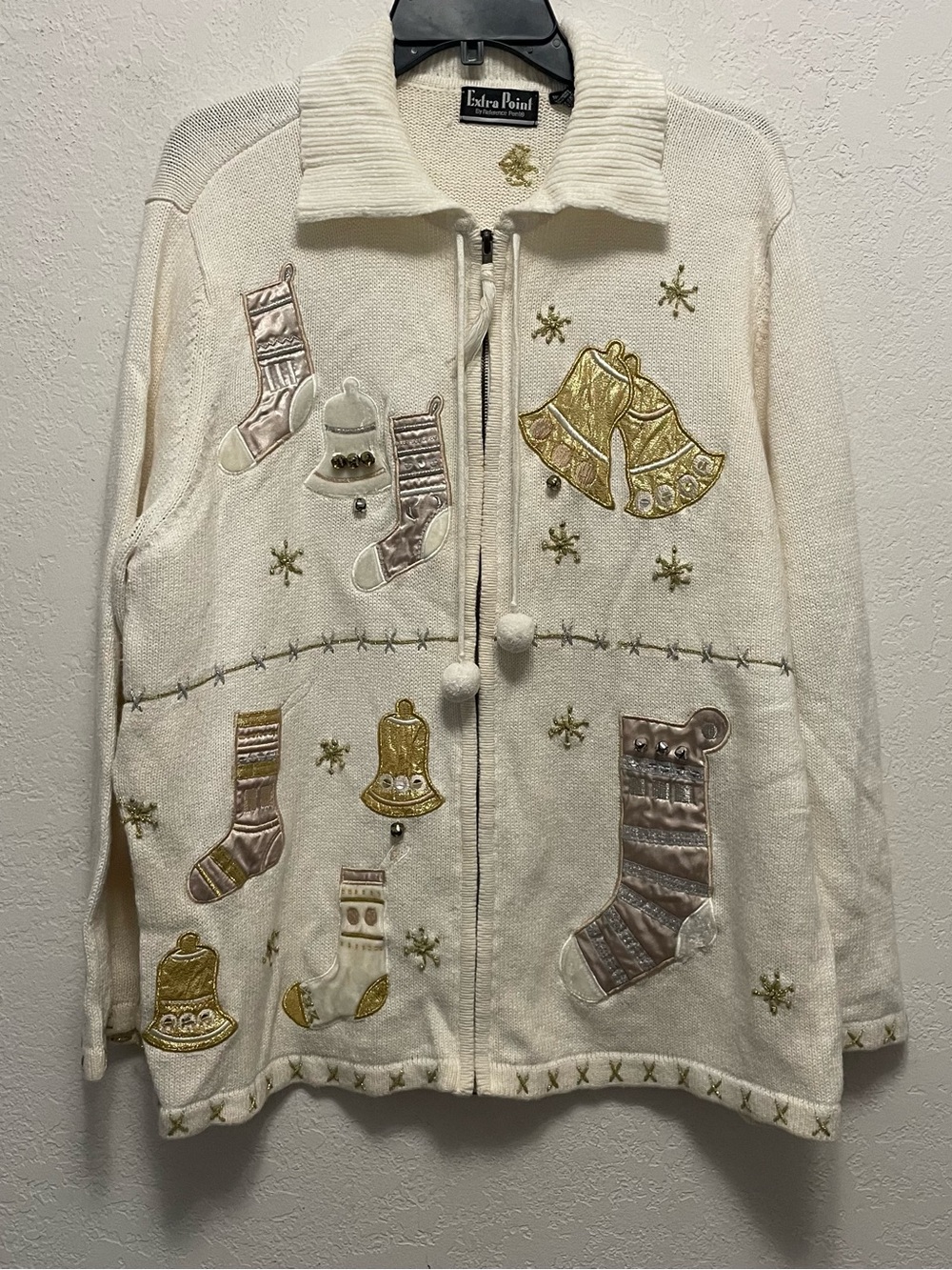 vintage cream full-zip holiday cardigan embroidered gold silver stockings bells